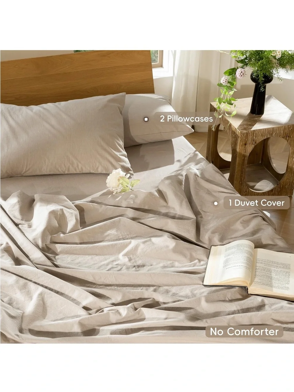 NEW MooMee Bedding Duvet Cover Set 100% Washed Cotton Linen Like. Taupe, Queen.